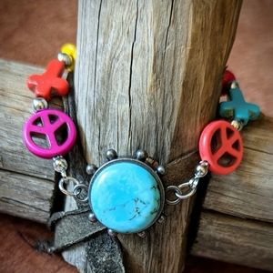 New Handcrafted Boho Turquoise Concho Beaded Peace Sign Cross Bracelet